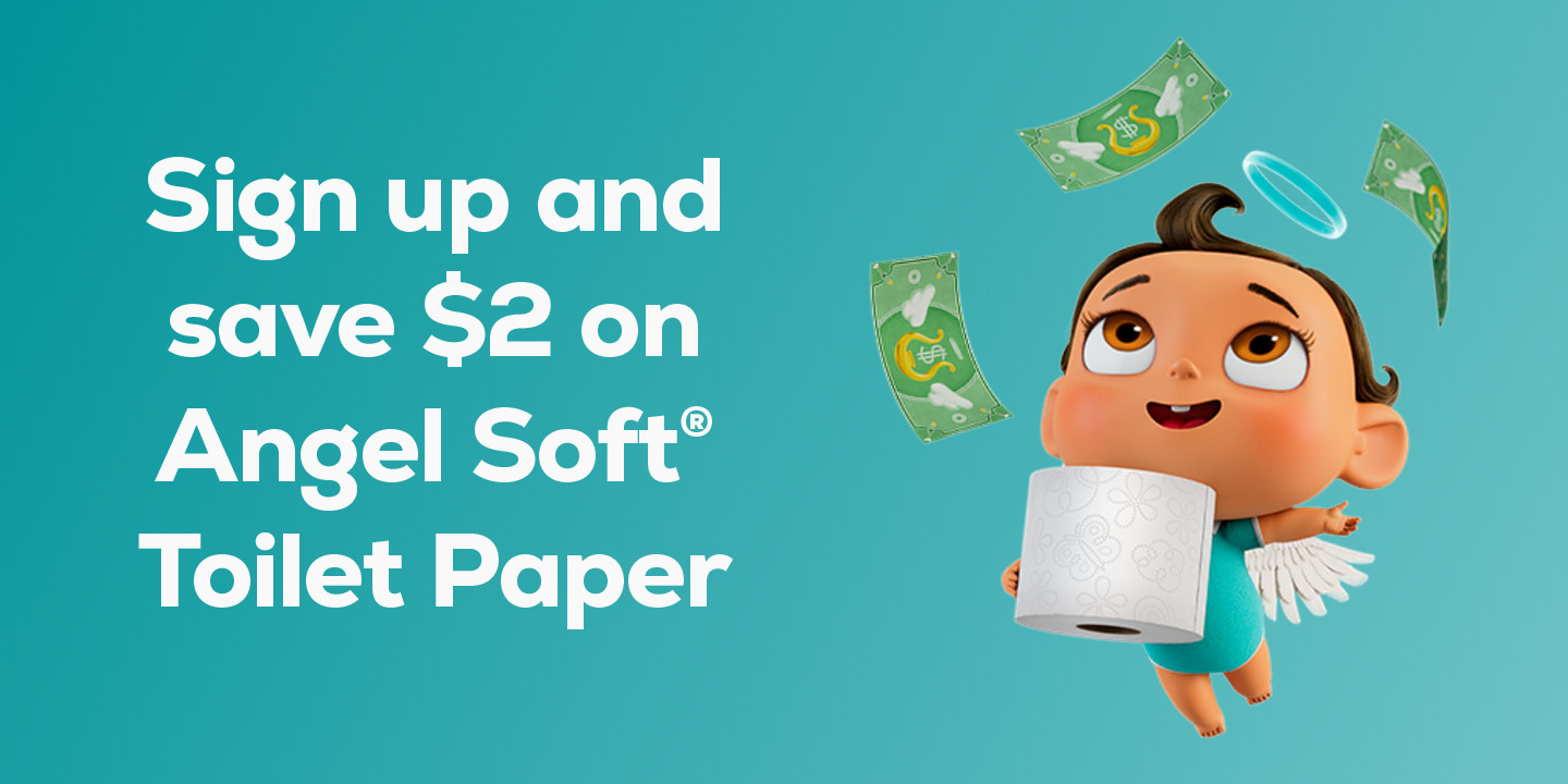 Baby with wings holding Angel Soft toilet paper and money with wings.